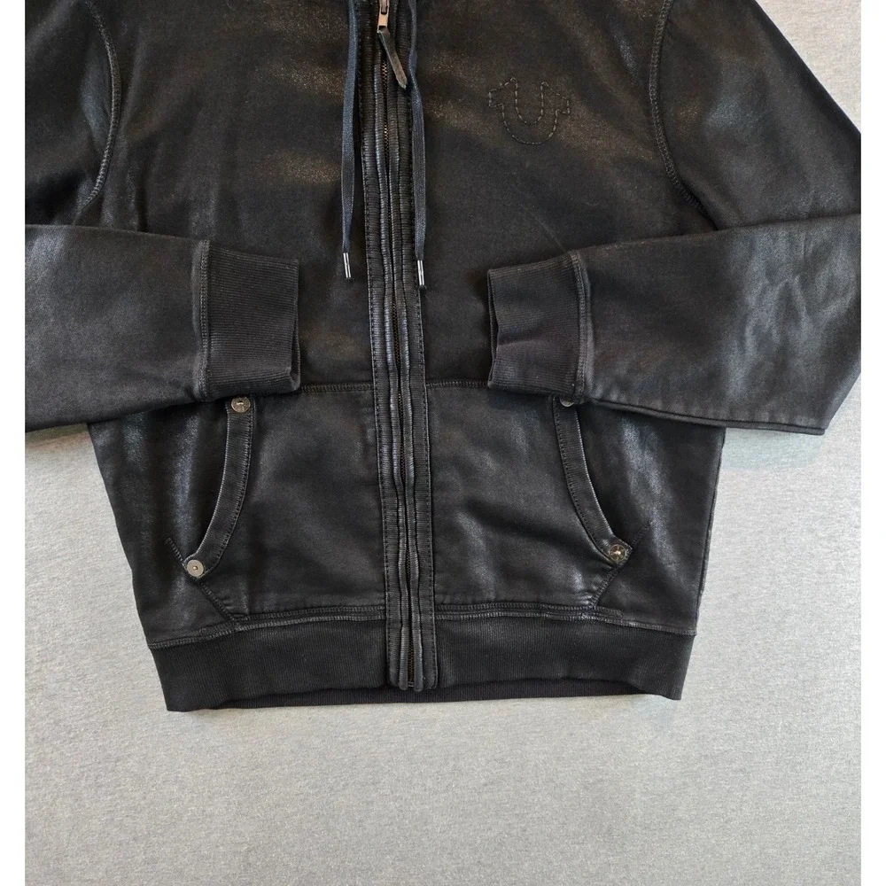 True Religion Hoodie Mens Large Black Coated Waxed Full Zip Horseshoe Logo Moto